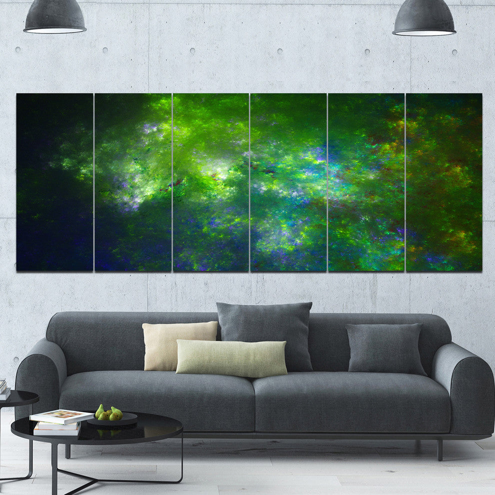 Green Fractal Sky with Blur Stars, Abstract Canvas Art Print, 70"x28", 6 Panels