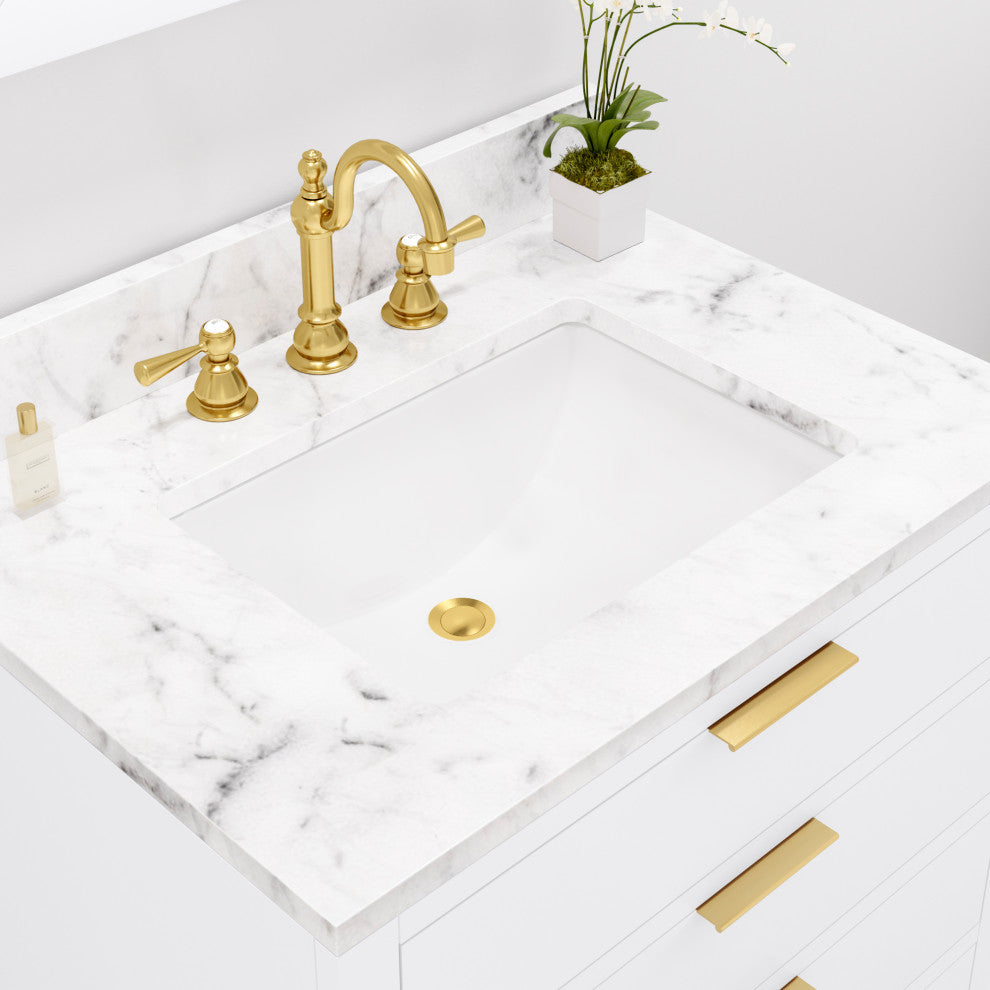 Bristol 30" Marble Countertop Vanity, White With Hook Faucet