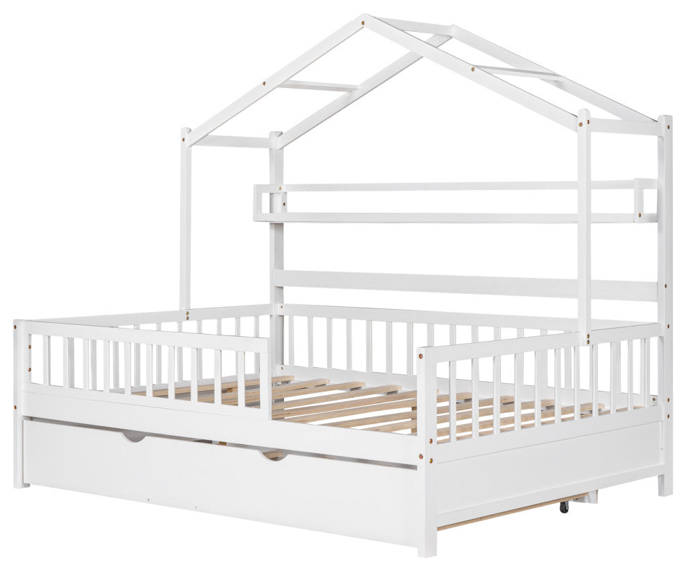 Gewnee Wood Full Size House Bed with Trundle for Kids in White