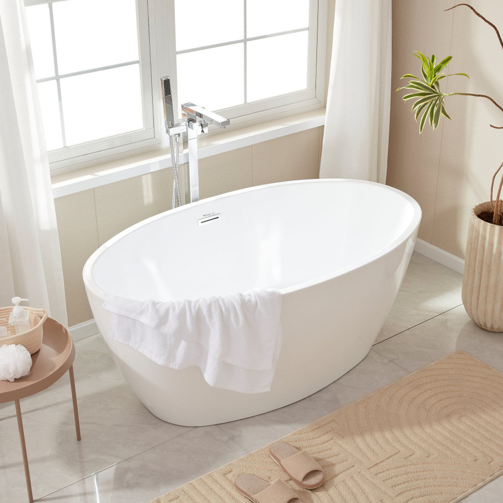 Vanity Art 55"x32" Acrylic Freestanding Soaking Bathtub, White/Classic Chrome