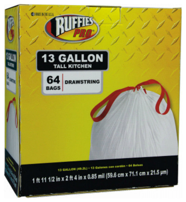 Ruffies 1124888 Drawstring Tall Kitchen Trash Bags, White, 13-Gallon, 64-Count