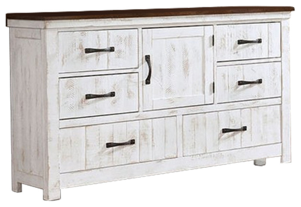 Benzara BM245813 Dresser, Plank Design 6 Drawers/Contrasting Top, White/Brown