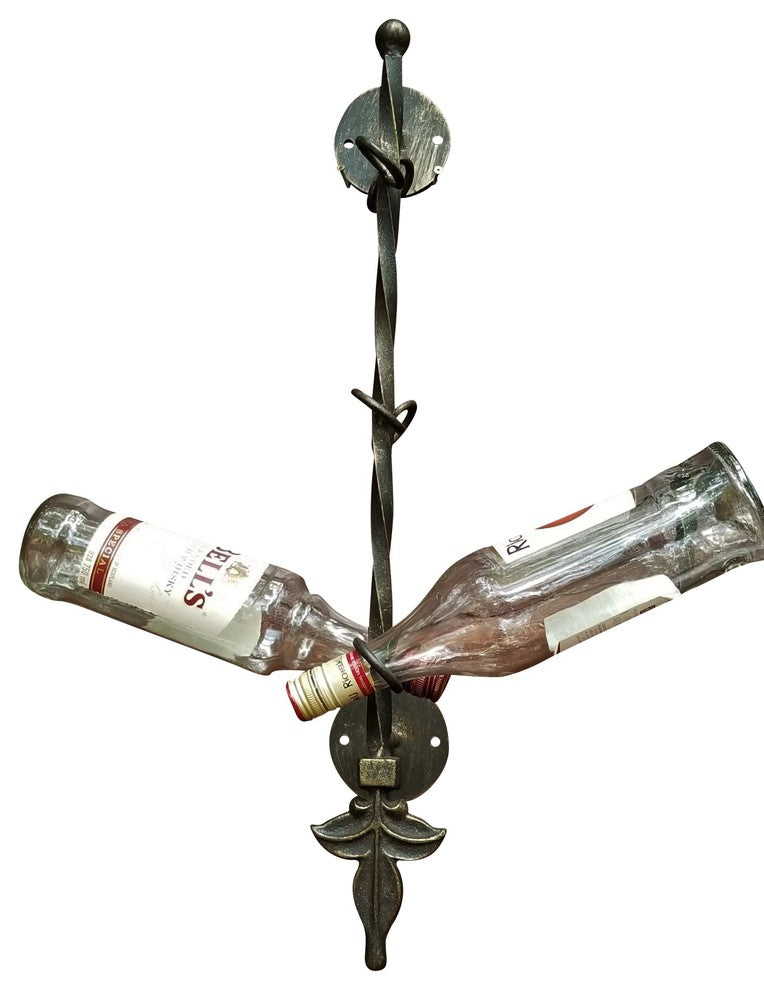 Wrought Iron 6 Bottle Wall Wine Rack, Fleur De Lis Holder Hanging Old World