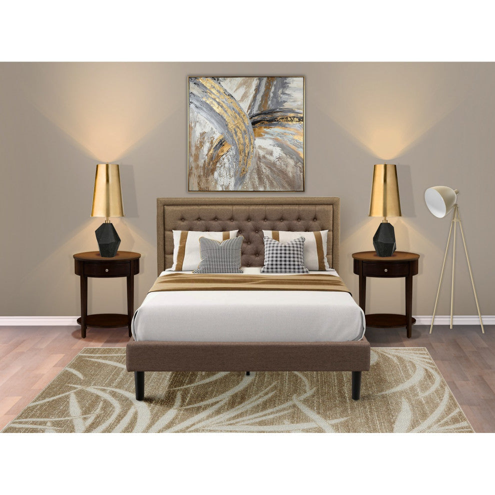 3 Pc Bed Set, 1 Bed Frame Brown, Headboard, 2 Wooden Nightstand,S Black Legs