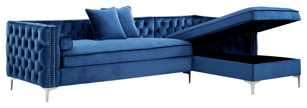 Jeannie Velvet Tufted With Nailhead Trim Sectional, Navy, Right Facing Chaise