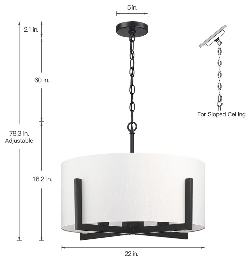 22" W 4-Light Matte Black Chandelier Pendant Light With White Drum Shade