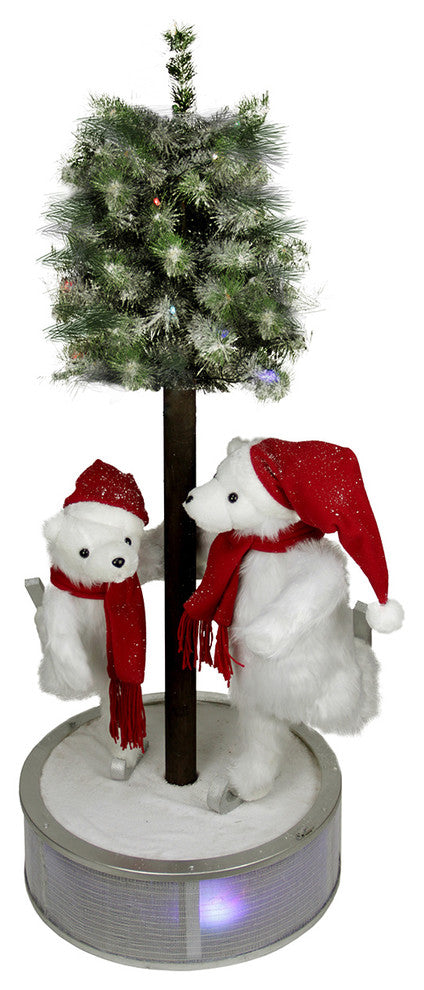 Animated and Musical LED Ice Skating Polar Bears With Flocked Tree Decor, 4''