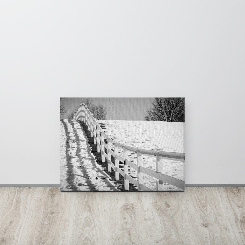 Endless Fence Rural Black & White Landscape Photo Canvas Wall Art Print, 18" X 24"