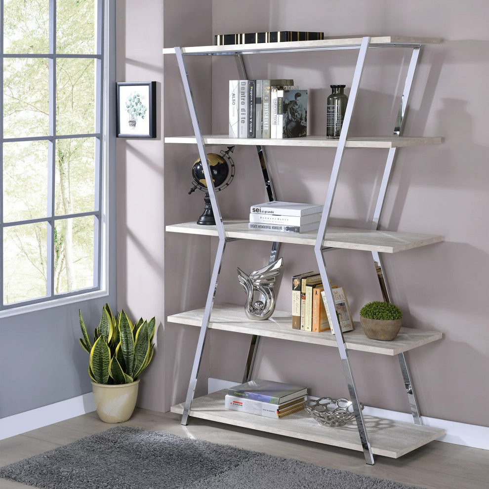 Bookcase, Unique Design With Metal Frame & Open Shelves, Chrome/White Washed