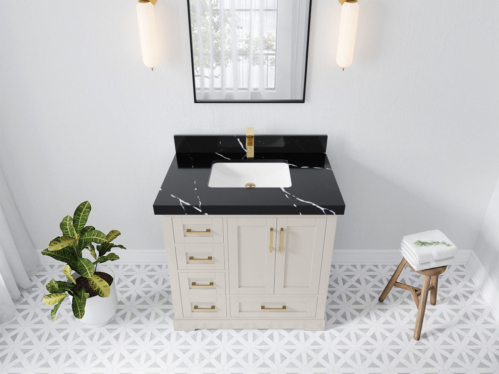 Boston 36" Center Sink Bath Vanity in Fine Grain 2" Calacatta Black