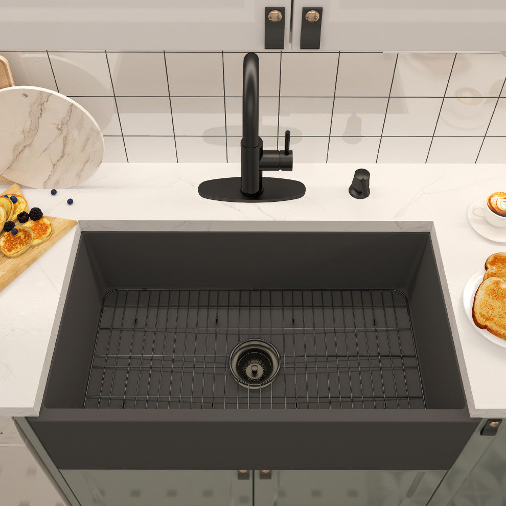 33in Single Bowl Farmhouse Apron Kitchen Sink with Bottom Grid and Drainer, Black Earth
