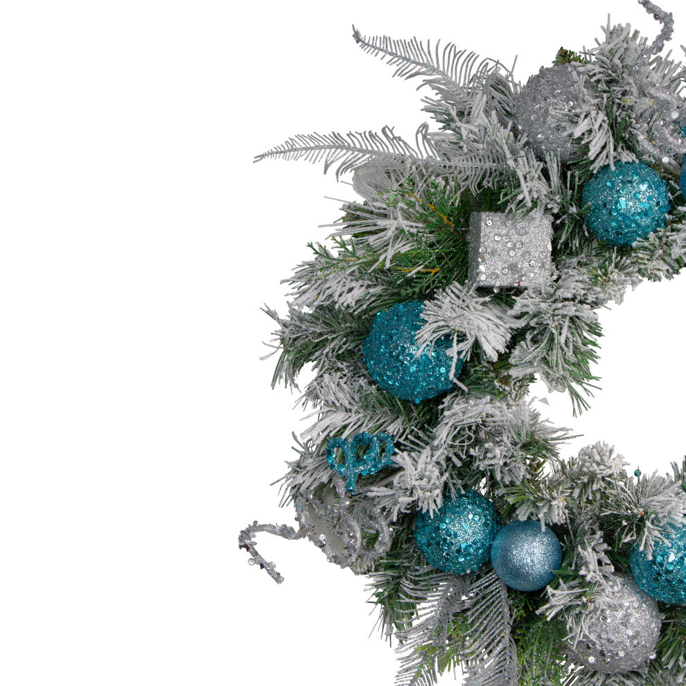 24" Flocked Sequin Ornaments Artificial Pine Christmas Wreath, Unlit