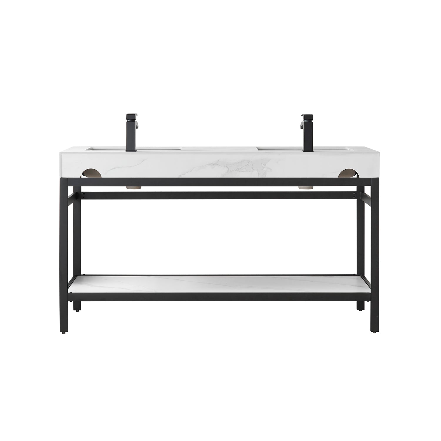 Funes Bath Vanity without Mirror, Matte Black Hardware, 60" Double Sink, White Stone Top