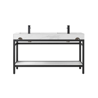 Funes Bath Vanity without Mirror, Matte Black Hardware, 60" Double Sink, White Stone Top