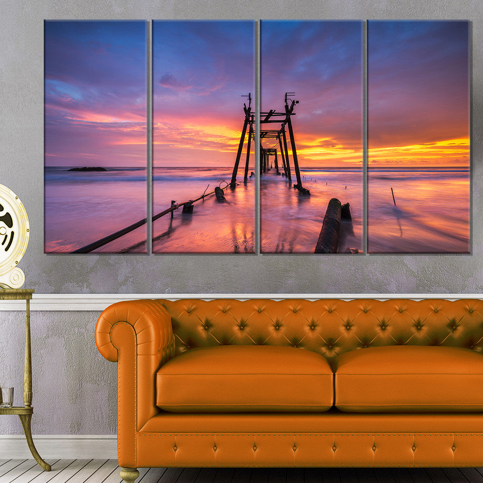 "Broken Wooden Bridge At Sunset" Sea Pier and Bridge Wall Art, 4 Panels, 48"x28"