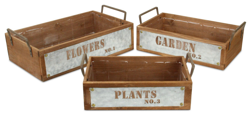 Set Of 3 Wood Storage With Galvanized Cutout Accent