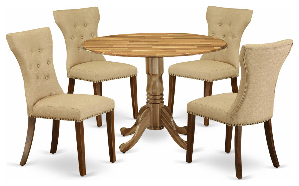 5Pc Round Kitchen Set, Table, 4 Chairs, Brown Parson Chairs Seat, Natural