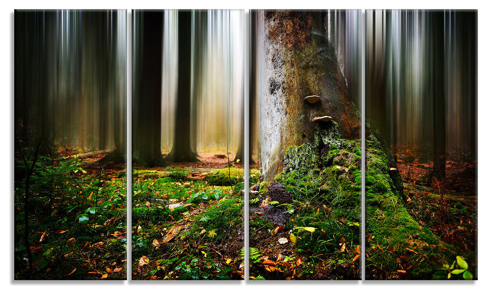 Green Forest on Snowy Morning, Landscape Canvas Art Print, 48"x28", 4 Panels