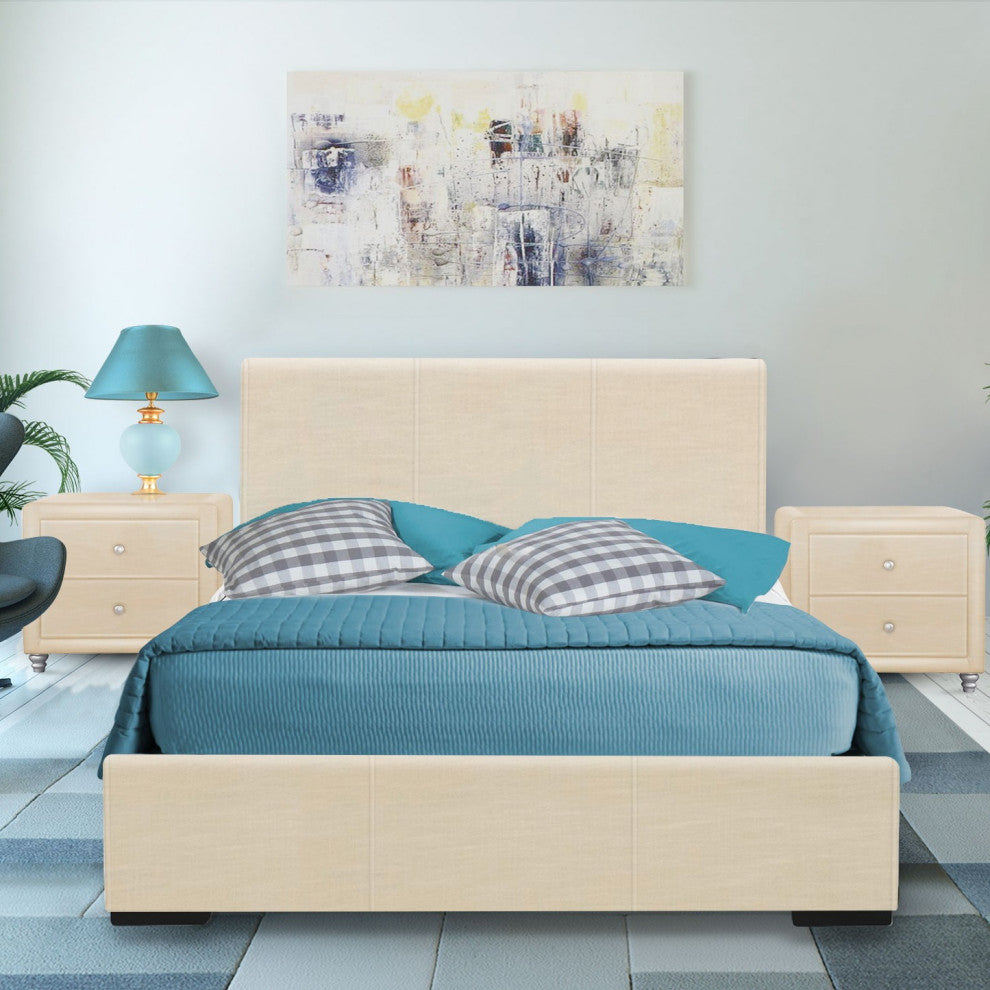 Beige Upholstered Full Platform Bed With Nightstand