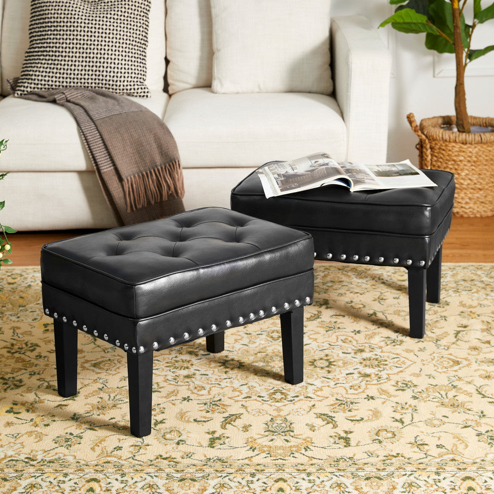 Set of 2 Leatherette Button-Tufted Accent Stool, Black
