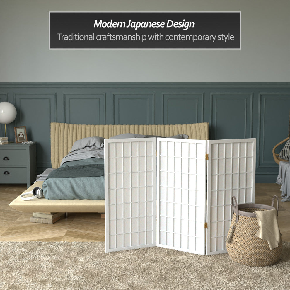 3' Tall Window Pane Shoji Screen, White, 3 Panels