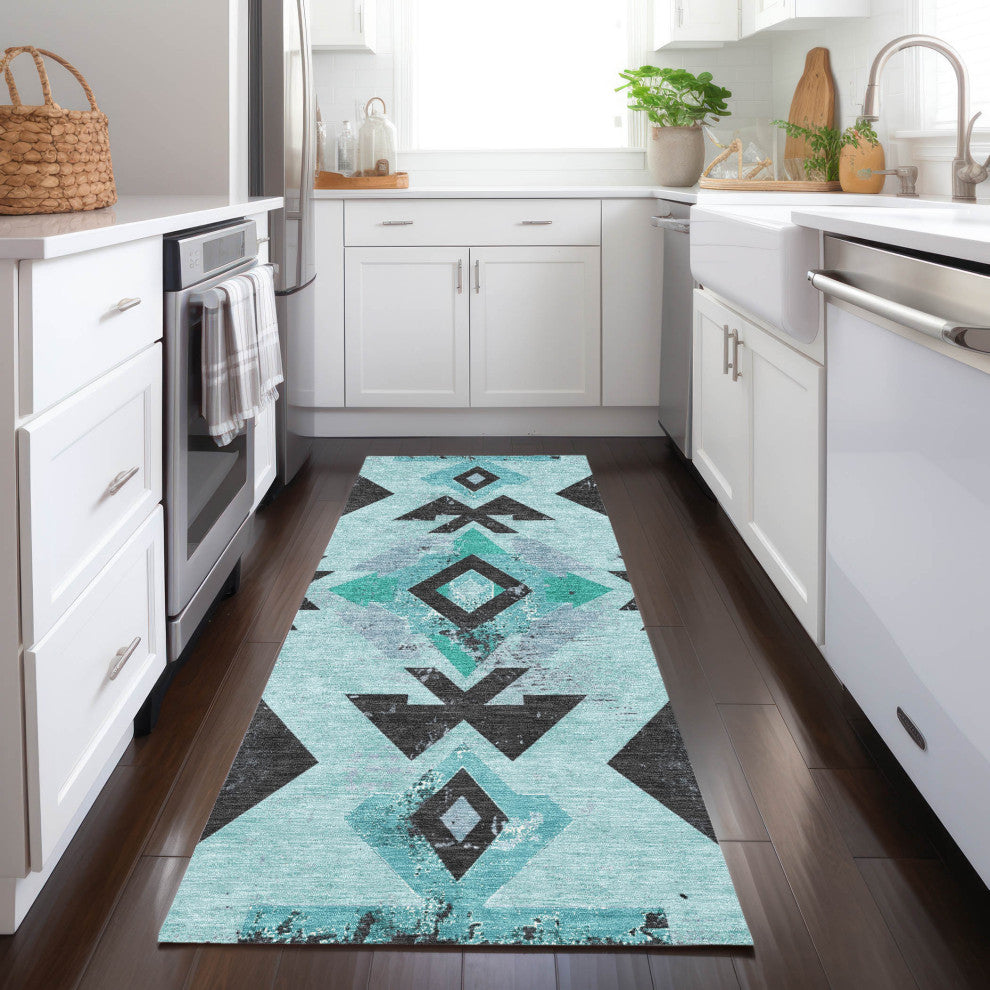 Machine Washable Indoor/Outdoor Chantille ACN1882 Teal 2'3" x 7'6" Runner Rug