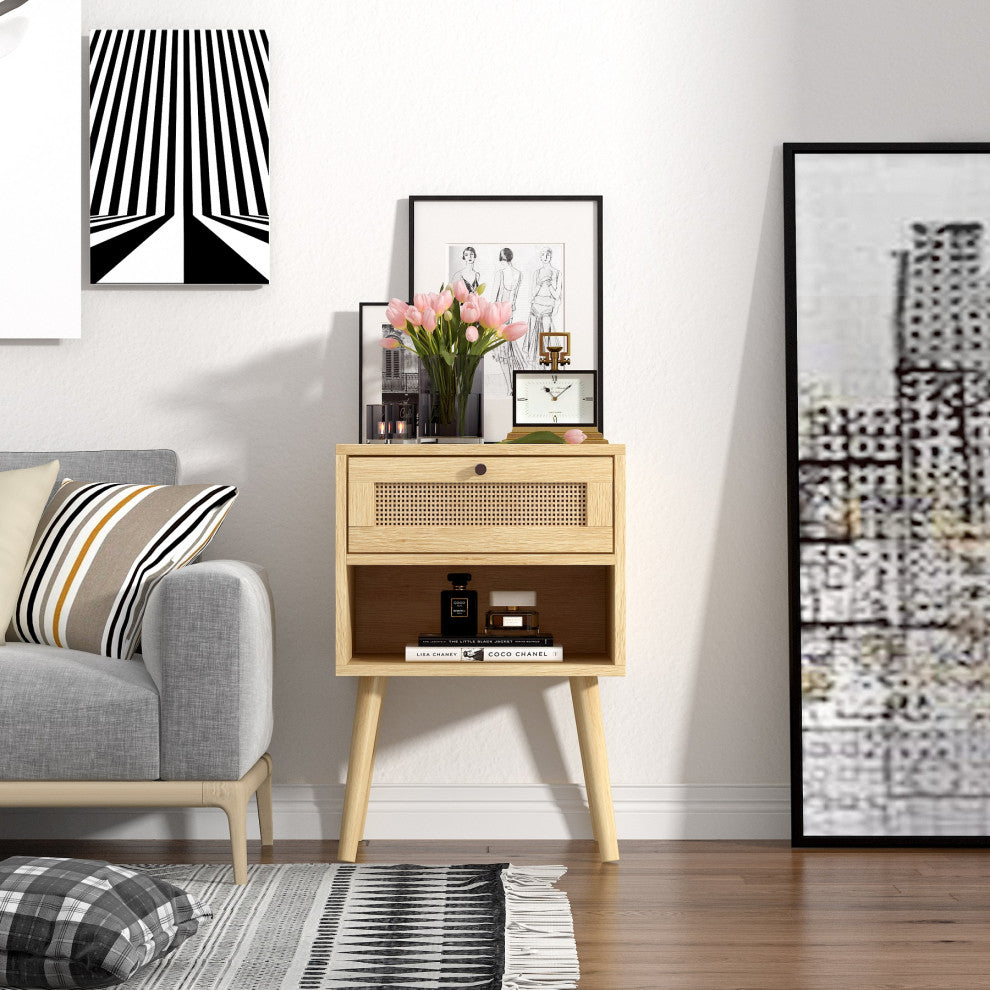 Rattan Solid Wood Legs Nightstand, Bedside Table With 1 Rattan Drawers Natural