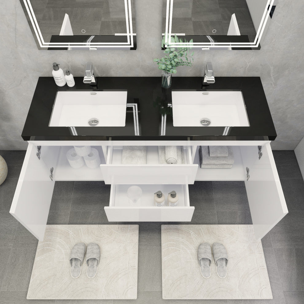 Belli 60" Double Sink Wall Mount Vanity Set, High Gloss White, Matt Black Top