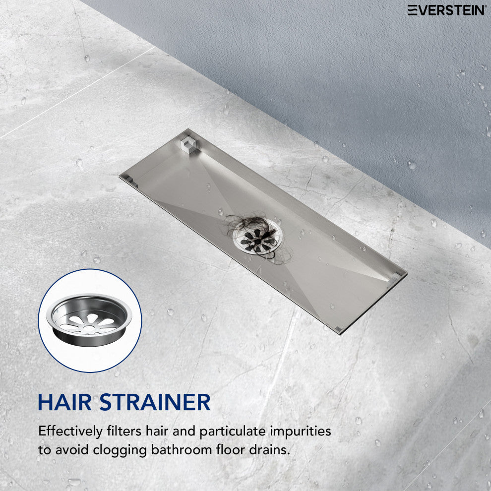 Linear Shower Drain with Hair Strainer and Reversible Tile Insert Cover, Brushed Nickel