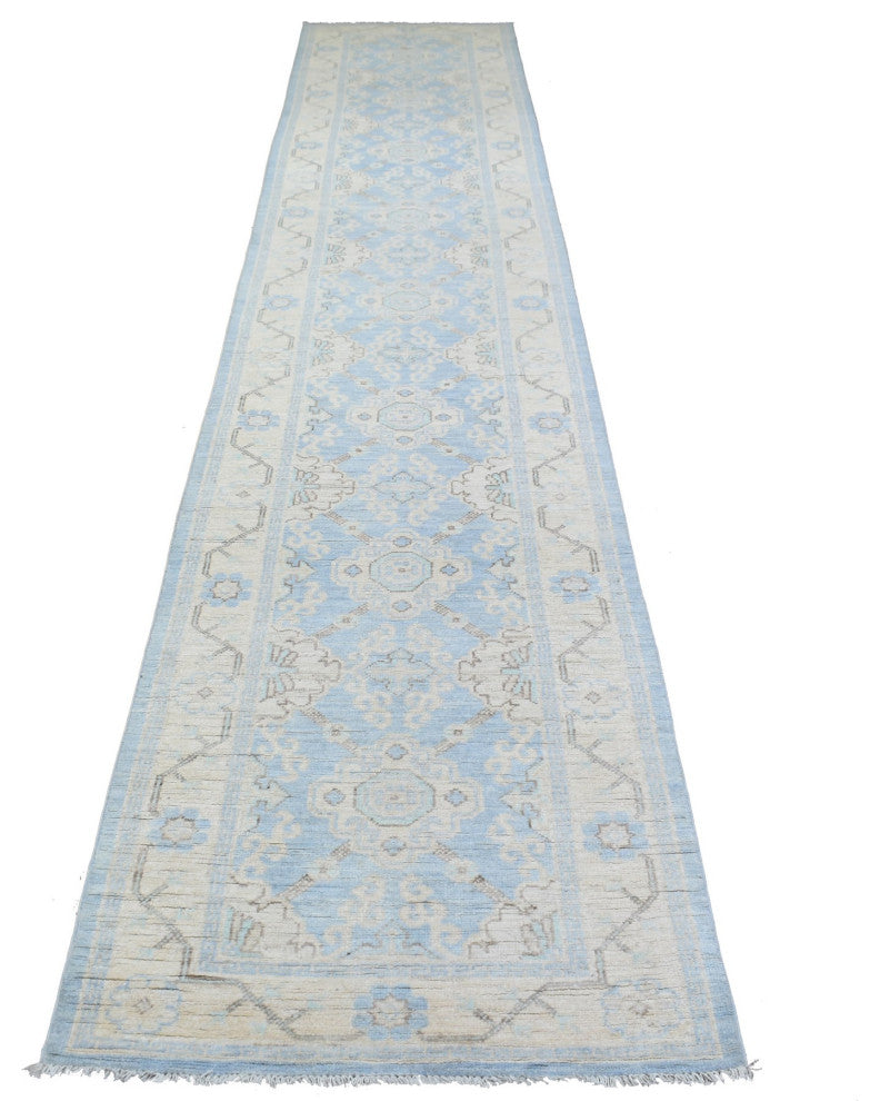 Hand Knotted Denim Blue Washed Out Peshawar Afghan Wool XL Runner Rug, 2'9"x15'