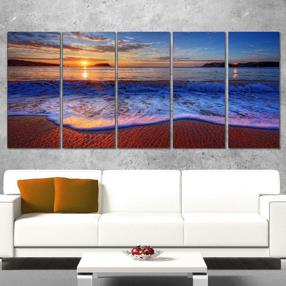 Blue Waves on Sandy Beach, Seashore Canvas Art Print, 60"x28", 5 Panels