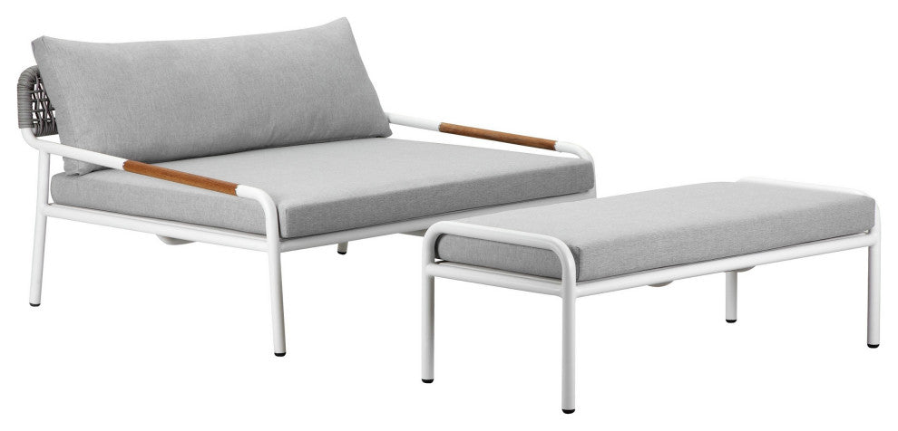 Benzara BM287796 Outdoor Daybed Set, Classic White Aluminum Frames, Ottoman
