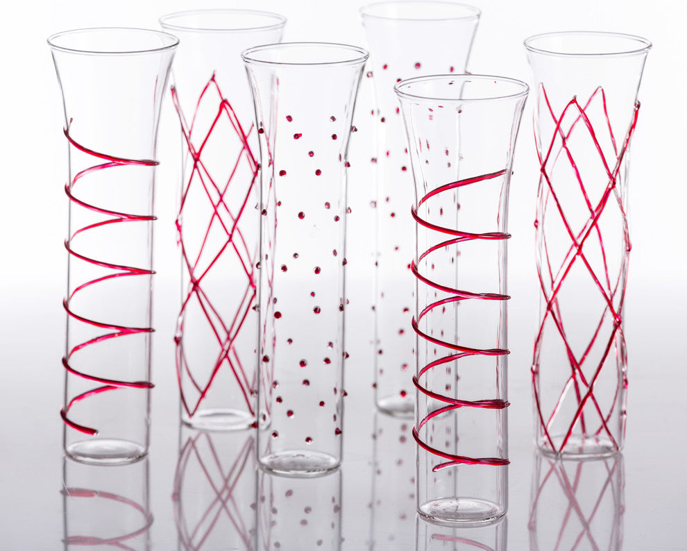 Razzle Dazzle Assorted Stemless Flutes, 6-Piece Set, Red