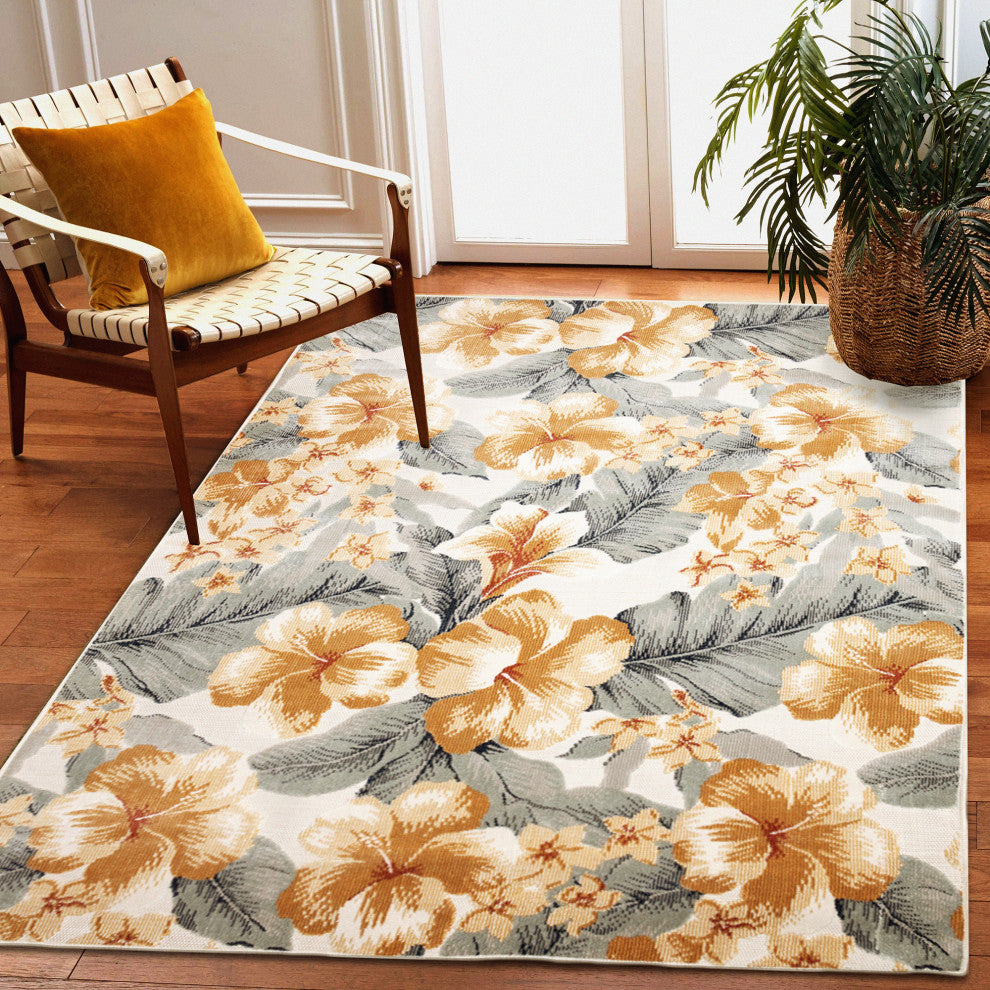 Canyon Tropical Floral Indoor/Outdoor Rug, Ivory, 2'6"x3'11"
