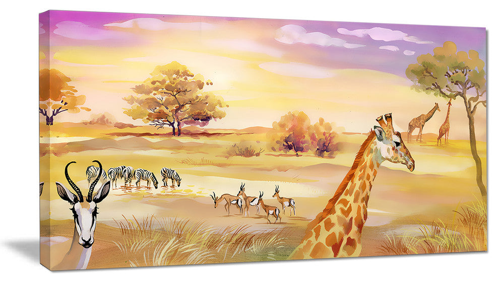 Wildlife of Savannah Illustration, African Canvas Art Print, 32"x16"