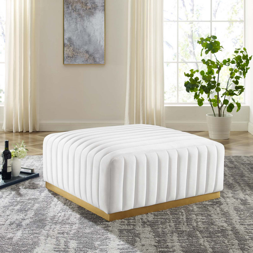 Conjure Channel Tufted Velvet Ottoman, Gold White