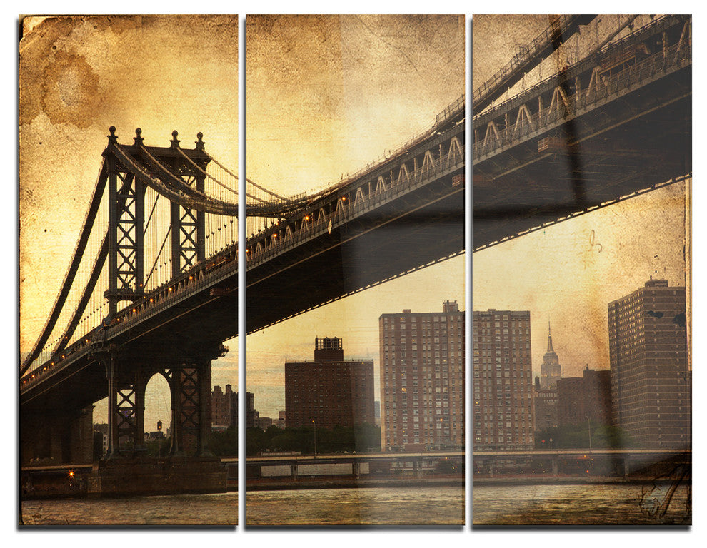 "Dark Manhattan Bridge" Photo Metal Wall Art, 3 Panels, 36"x28"