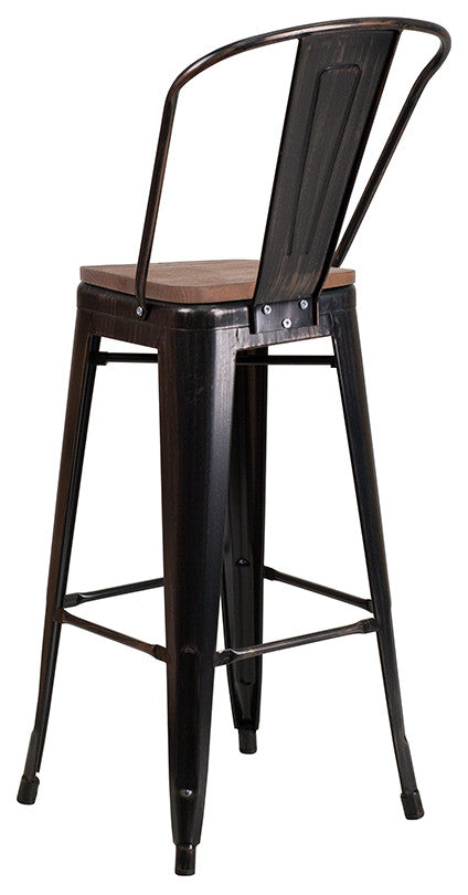 30" High Metal Barstool With Back and Wood Seat, Black-Antique Gold