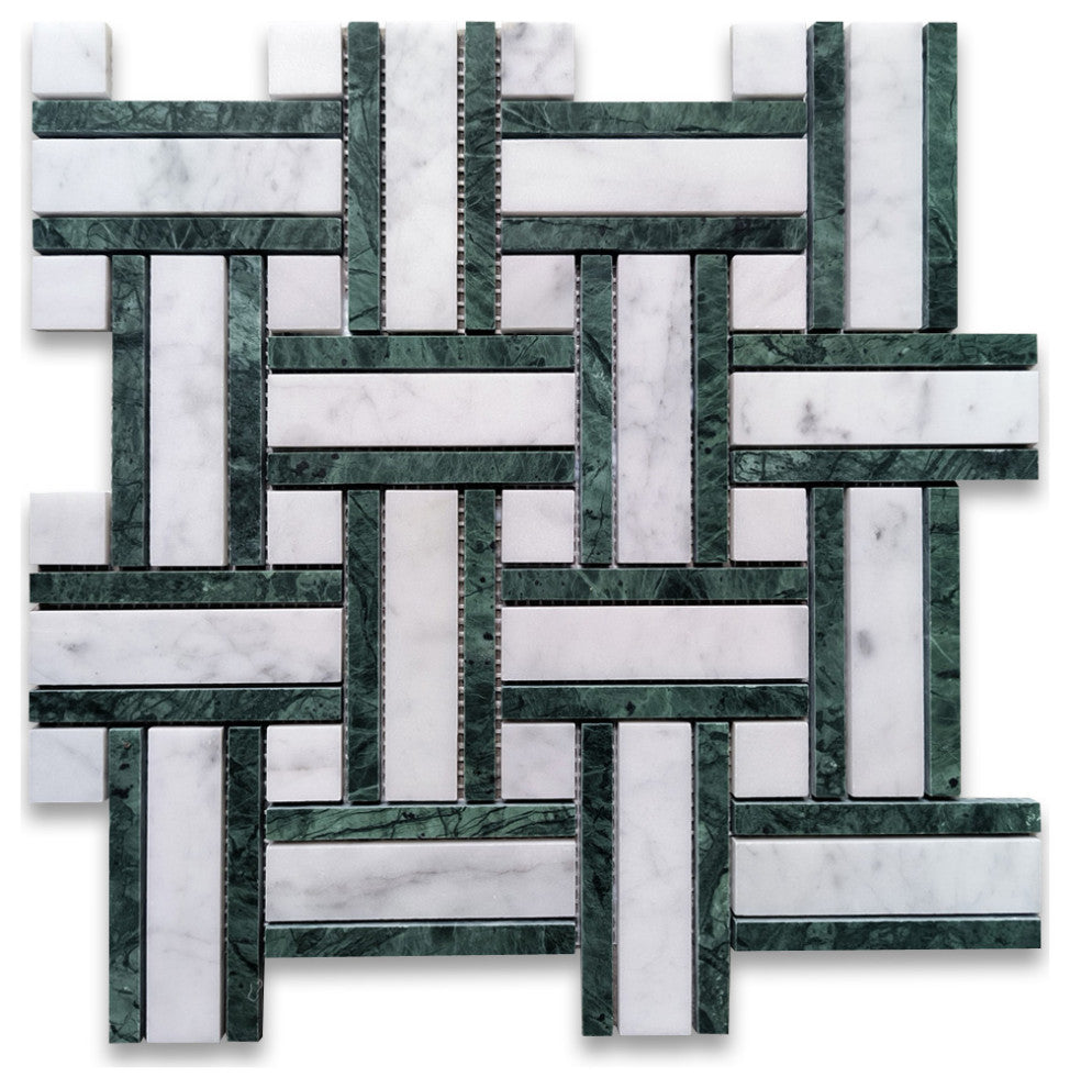 Carrara White Marble Twine Basketweave Mosaic Tile Indian Green Honed, 1 sheet