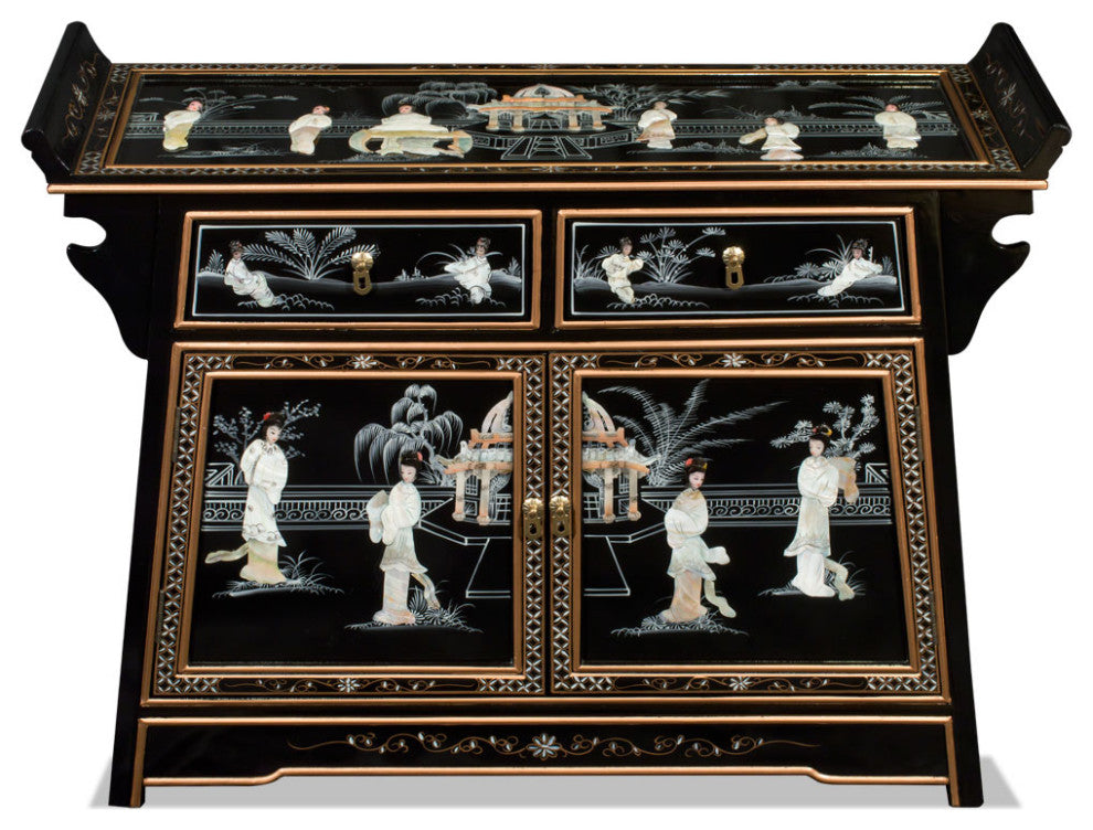 Black Lacquer Mother of Pearl Motif Oriental Altar Style Cabinet