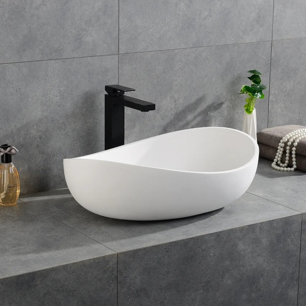 Bathroom Stone Resin Oval Vessel Sink Modern Art Sink with Pop Up Drain, Glossy White