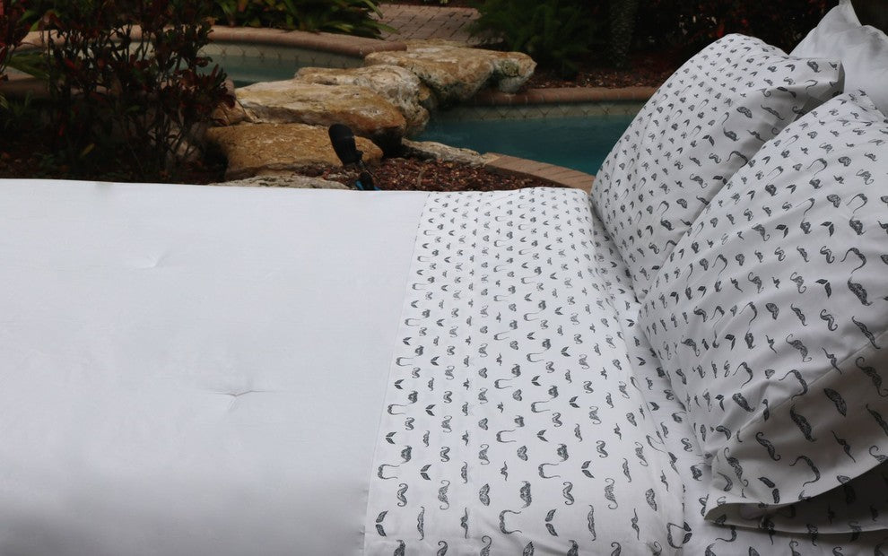 Slate Gray Mustaches Printed Sheet Set, 100% Cotton Matte Sateen