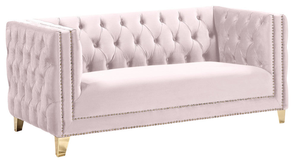 Michelle Fabric Upholstered Chair, Gold Iron Legs, Pink, Velvet, Loveseat