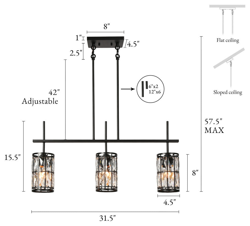 LNC Chispa Black Modern Linear Crystal Large Kitchen Island Light, 3 Lights