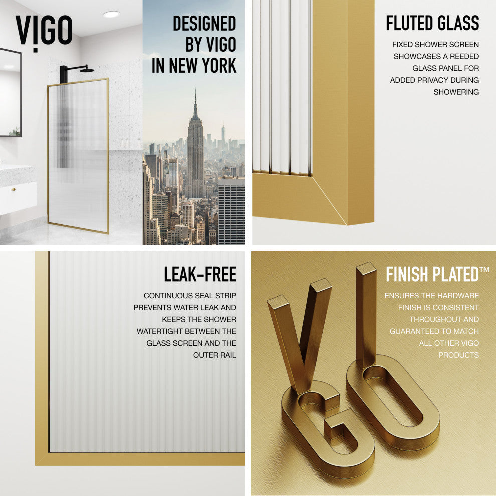 VIGO Meridian Framed Fixed, Matte Brushed Gold, Shower Screen, 34" W X 74" H, Fluted Glass
