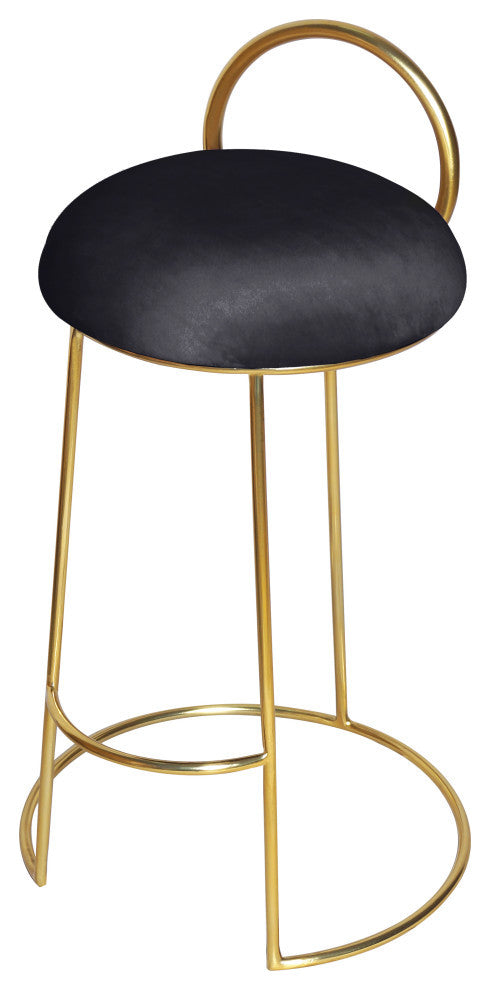 Ring Velvet Upholstered Counter Height Stool with Durable Iron Frame, Black, Gold Finish