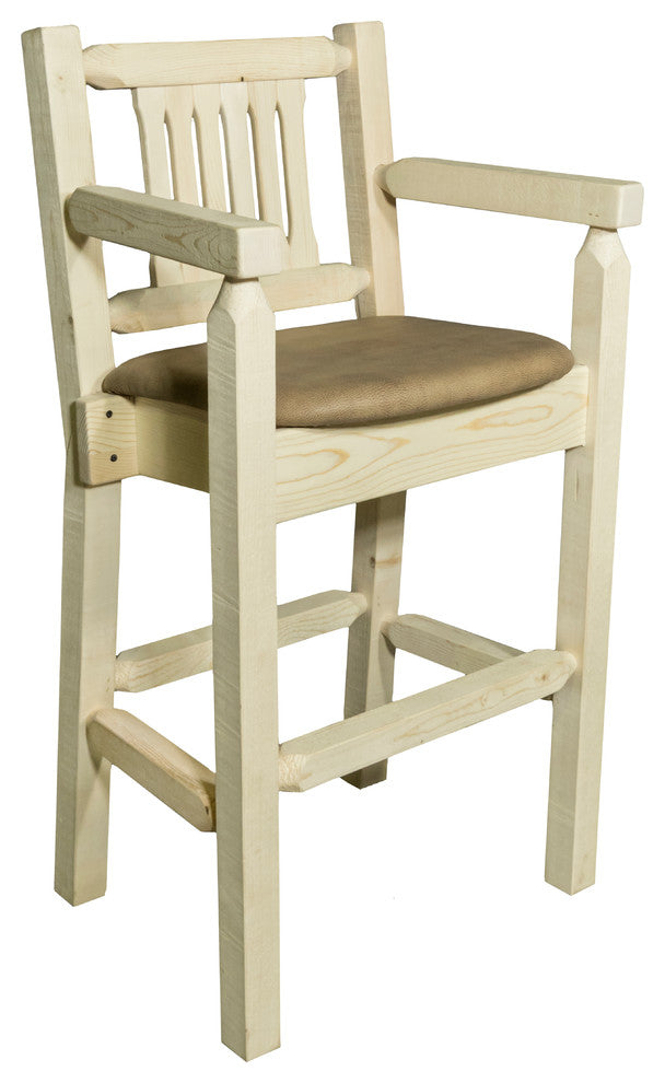 Captain's Barstool, Clear Lacquer Finish With Upholstered Seat, Buckskin Pattern