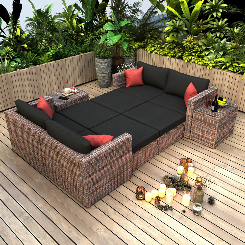 10-Pieces Wide Outdoor Wicker Reversible Patio Sectional With Cushions