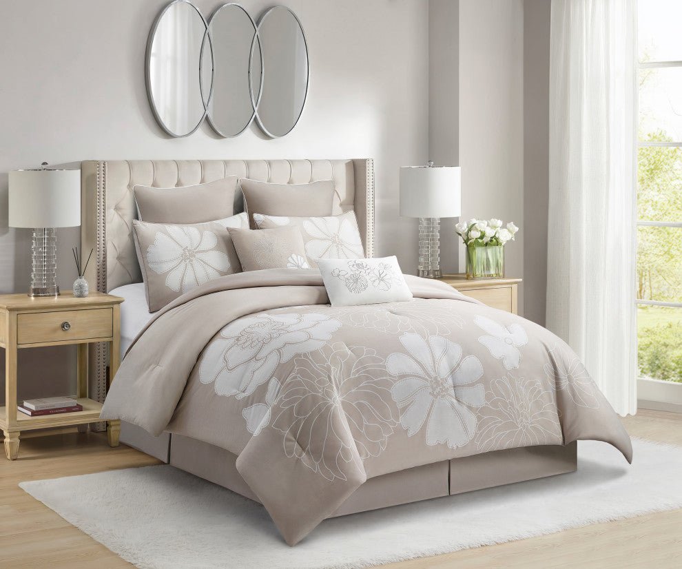 Viera 8 Piece Comforter Set, Taupe, Queen