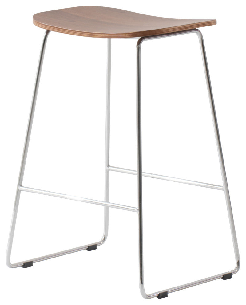 LeisureMod Melrose Modern Wood Counter Stool With Chrome Base Set of 4, Walnut